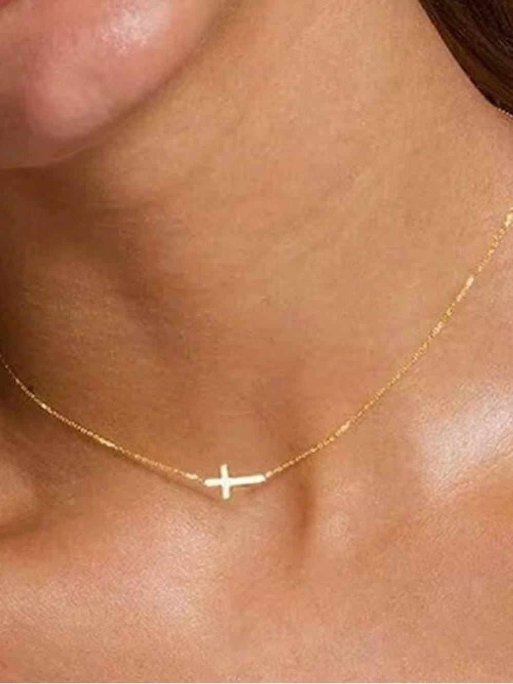 Gold Side Cross Necklace - Women's Minimal Pendant
